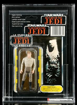 Lot # 67: UK Tri-Logo Han Solo (In Carbonite Chamber) ROTJ79B AFA 80+