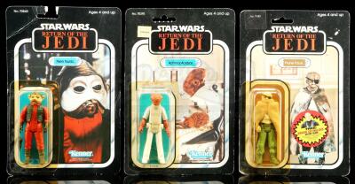 Lot # 266: Admiral Ackbar ROTJ65A, Nien Nunb ROTJ77A, and Prune Face ROTJ77B