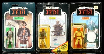 Lot # 277: Lando Calrissian (Skiff Guard Disguise) ROTJ65A, Klaatu (In Skiff Guard Outfit) ROTJ77A, and Weequay ROTJ65C