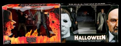 Lot # 671: Two Jason Voorhees Figures, Halloween Diorama, and Freddy vs. Jason Diorama - Sealed