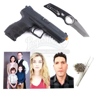 Lot # 246: Marvel's The Punisher (TV Series) - Set of John Pilgrim's Photos and Accessories with Stunt Handgun and Aryan Brotherhood Knife