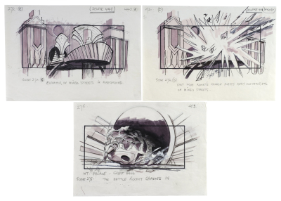 Lot #110 - FLASH GORDON (1980) - Charles Lippincott Collection: Set of Hand-drawn Mentor Huebner "War Rocket Ajax Crash" Storyboard Sketches