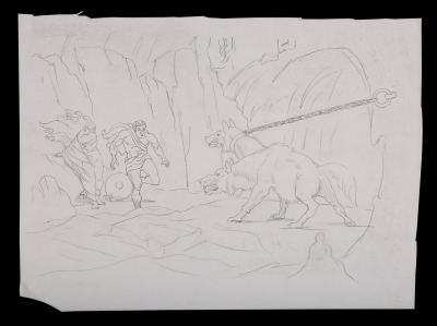 Lot #156 - JASON AND THE ARGONAUTS (1963) - Hand-drawn Ray Harryhausen "Cerberus and Jason" Concept Artwork