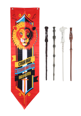 Lot #168 - HARRY POTTER AND THE DEATHLY HALLOWS: PART 1 & PART 2 (2010-2011) - Daniel Radcliffe and Main Cast-autographed Replica Wands and Gryffindor Banner