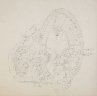 Lot #327 - STAR WARS: A NEW HOPE (1977) - Hand-drawn Harry Lange Millennium Falcon Laser Cannon Concept Illustration