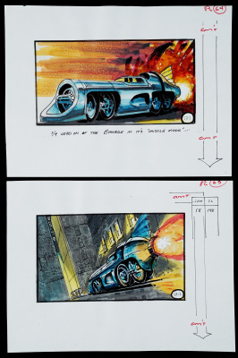 Lot #456 - BATMAN RETURNS (1992) - Pair of Hand-illustrated Batmobile in Missile Mode Storyboards