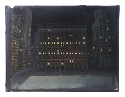 Lot #809 - OPPORTUNITY KNOCKS (1990) - Hand-Painted Matthew Yuricich Skyscraper at Night Matte Painting