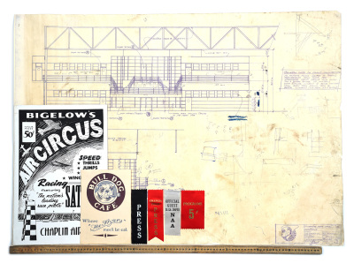 Lot #839 - THE ROCKETEER (1991) - Bull Dog Cafe Menu, Air Circus Flyer, Ribbons and Blueprint