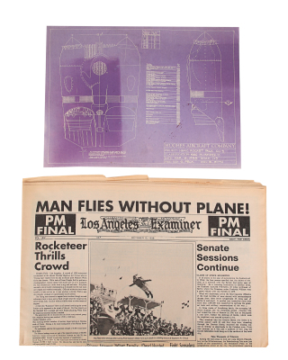 Lot #842 - ROCKETEER, THE (1991) - Howard Hughes' (Terry O'Quinn) Rocket Pack Blueprint and "Man Flies Without Plane!" Newspaper