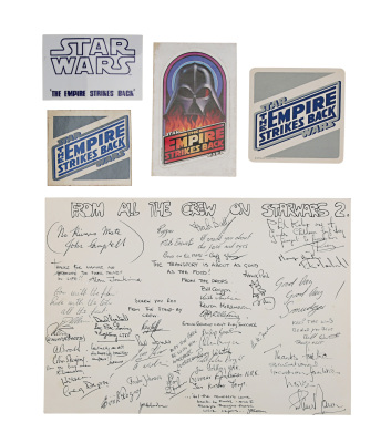 Lot #943 - STAR WARS: THE EMPIRE STRIKES BACK (1980) - Philip Kohler Collection: Crew-autographed "Thank You" Cartoon, Stickers and Coaster